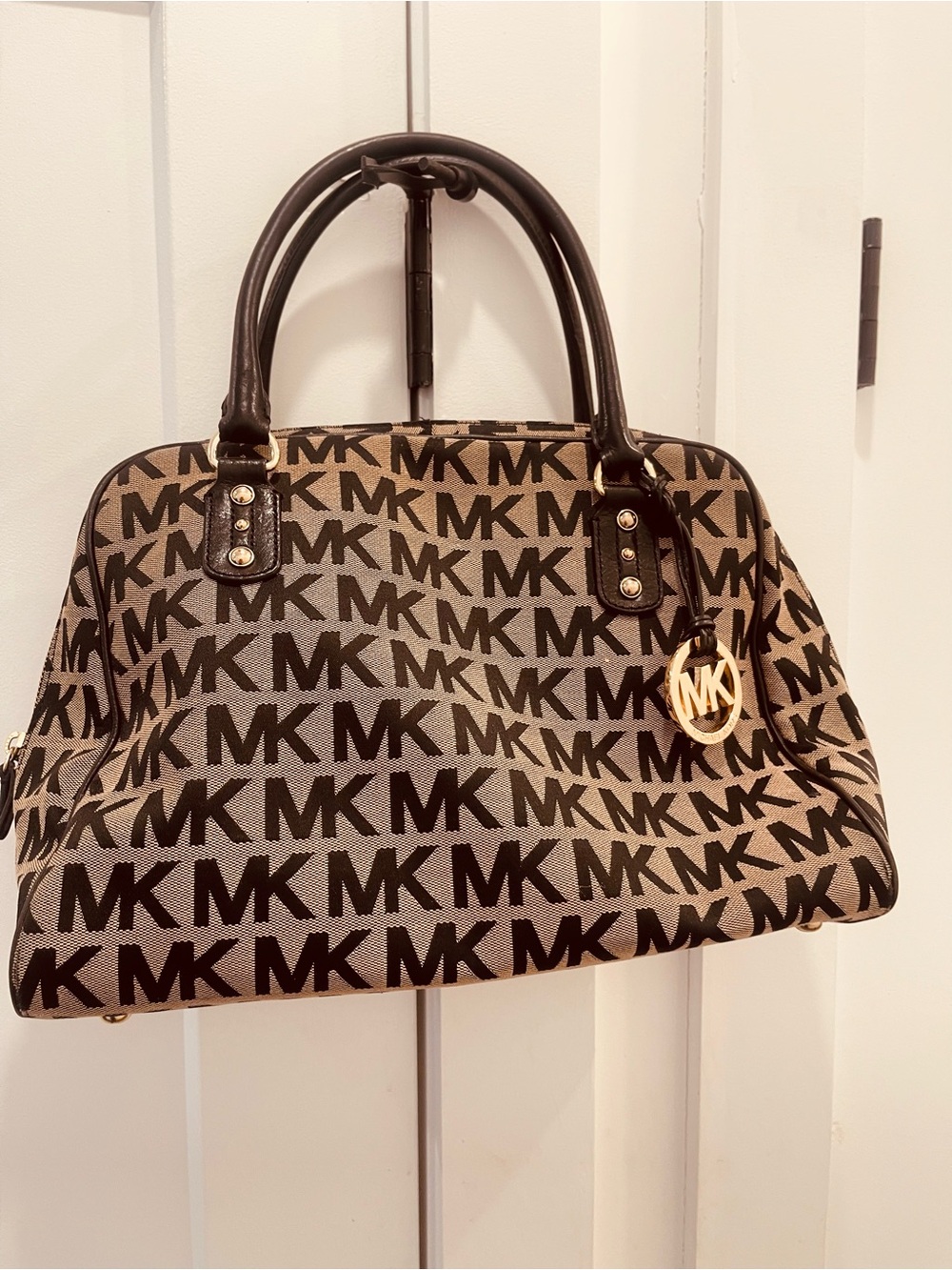 Michael Kors Black Logo Print Satchel with Gold Charm